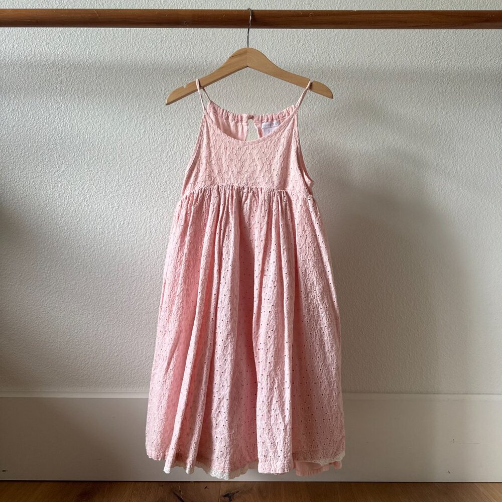 Luxury Heavy Weight Pastel Baby Pink Eyelet Dress lined Size 8 100% Cotton